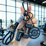 Fitness Gym Keychain Set – Mini Barbell & Dumbbell Backpack Charm with Water Bottle