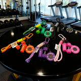 Fitness Gym Keychain Set – Mini Barbell & Dumbbell Backpack Charm with Water Bottle